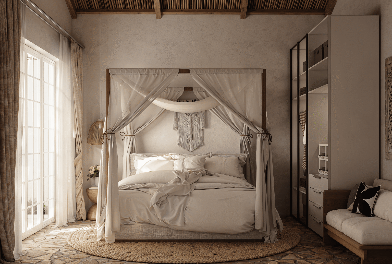 Portfolio 3D render of a bedroom with a canopy bed