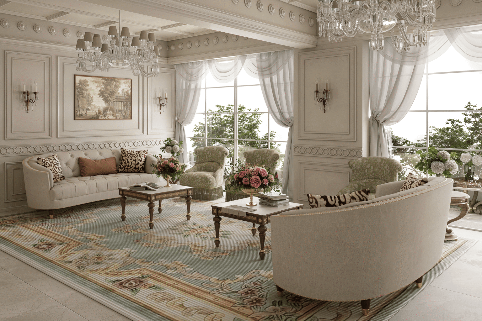 Portfolio 3D render of a classic living room seating area