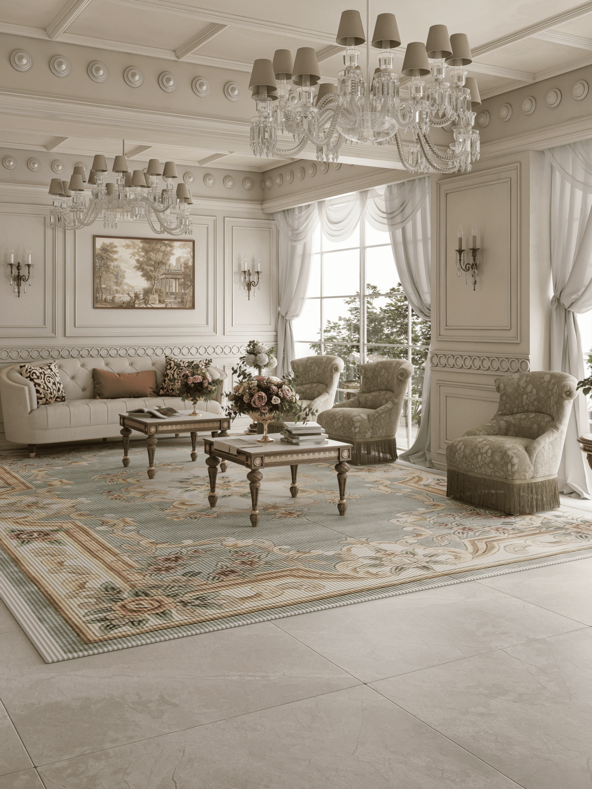 Portfolio 3D render of a classic living room with a chandelier