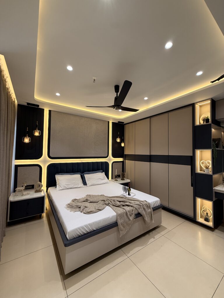 Portfolio Treeland bedroom with dark wall panelling and cove lighting