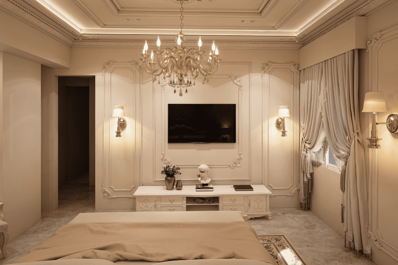 Portfolio 3D render of a classic living room TV wall