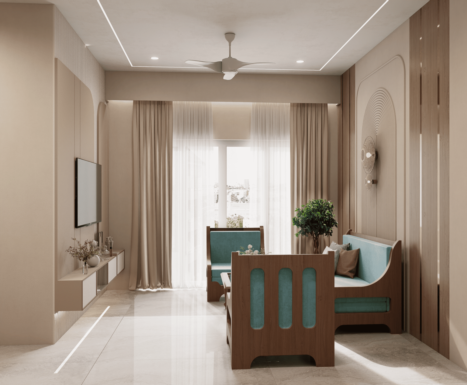 Portfolio 3D render of a living room seating corner