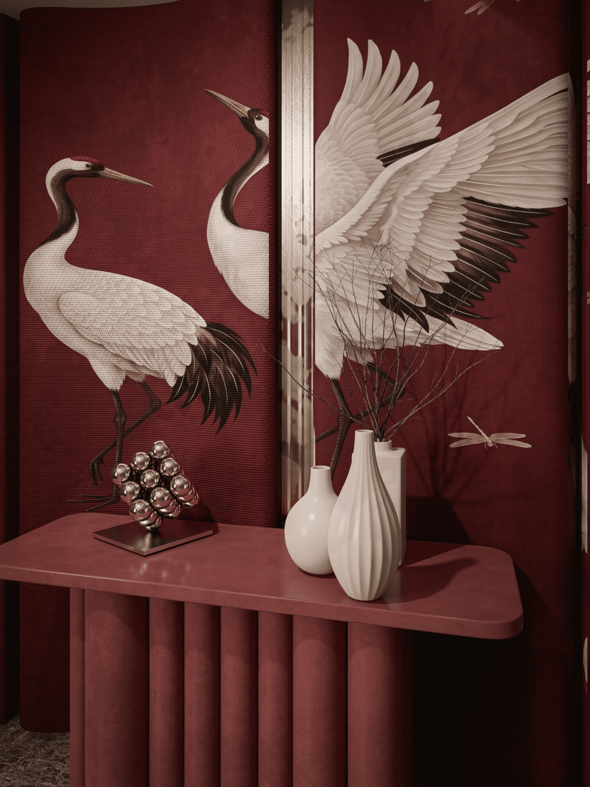 Portfolio 3D render of a red crane-motif wall with a console