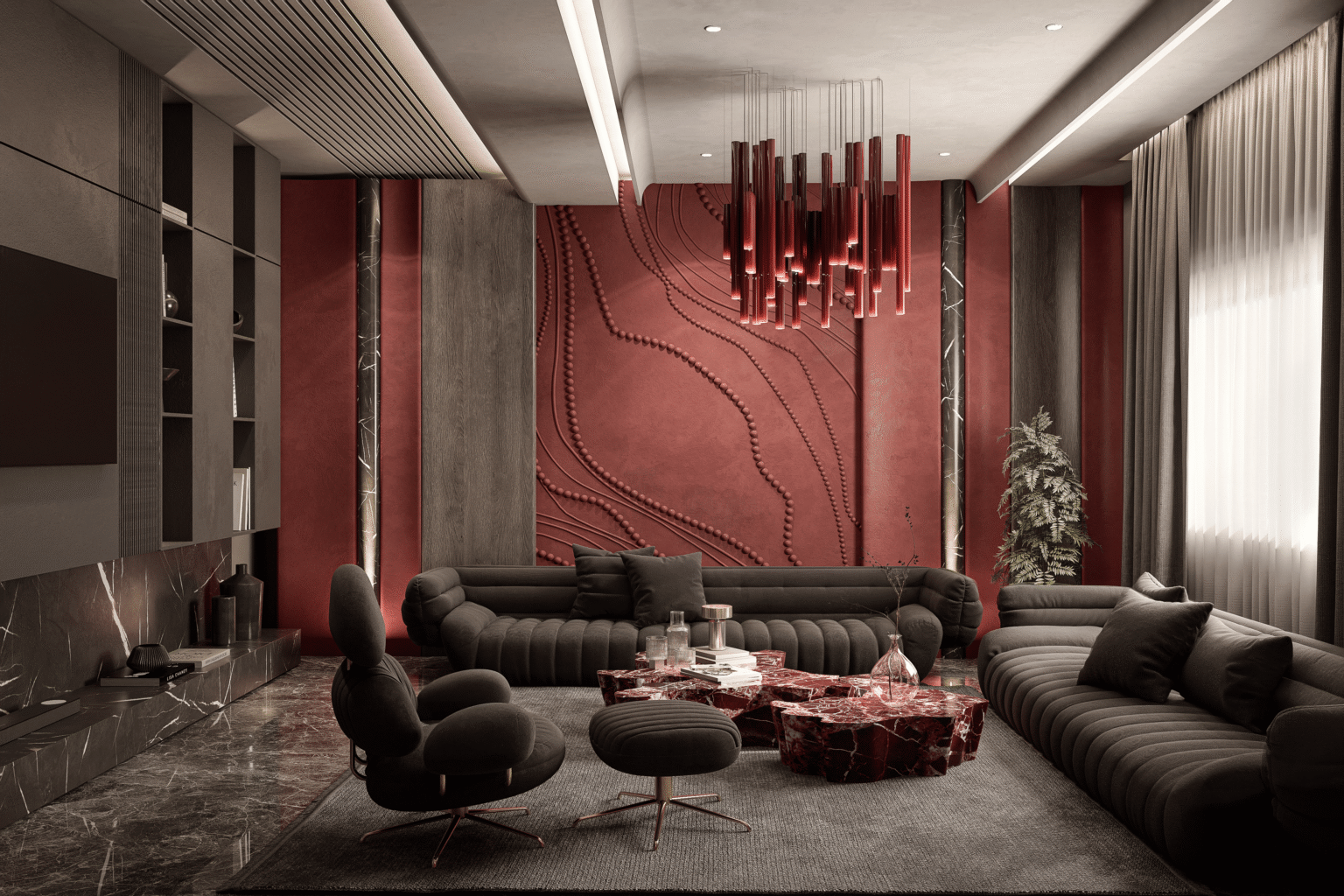 Portfolio 3D render of a lounge with a red feature wall