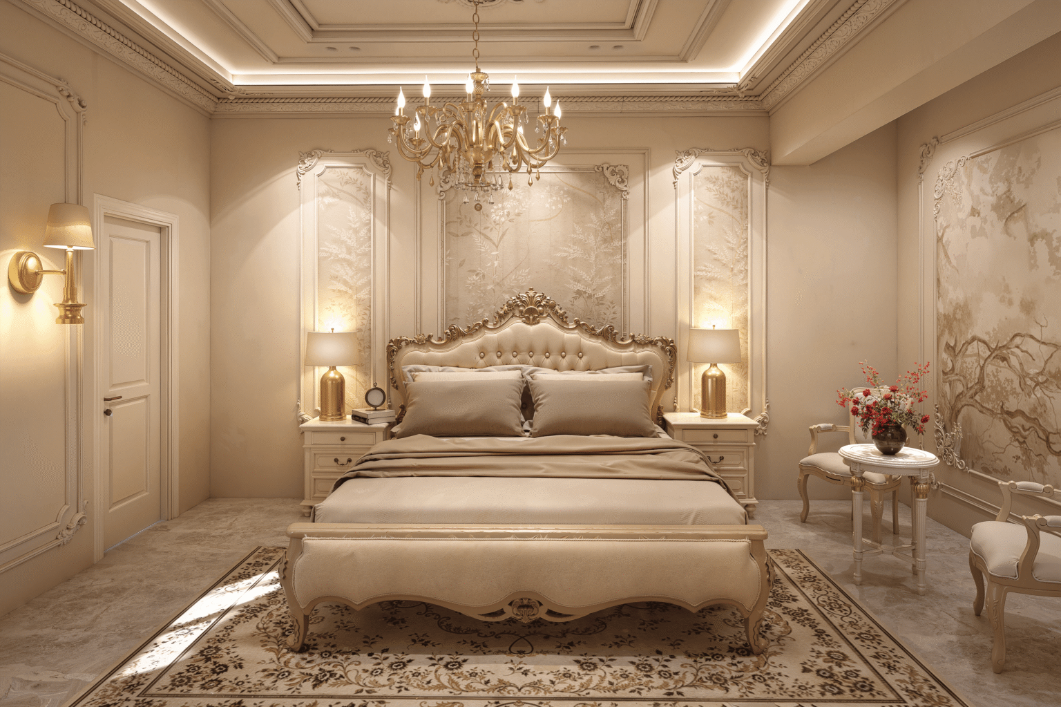 Portfolio 3D render of a classic bedroom with a tufted headboard and chandelier