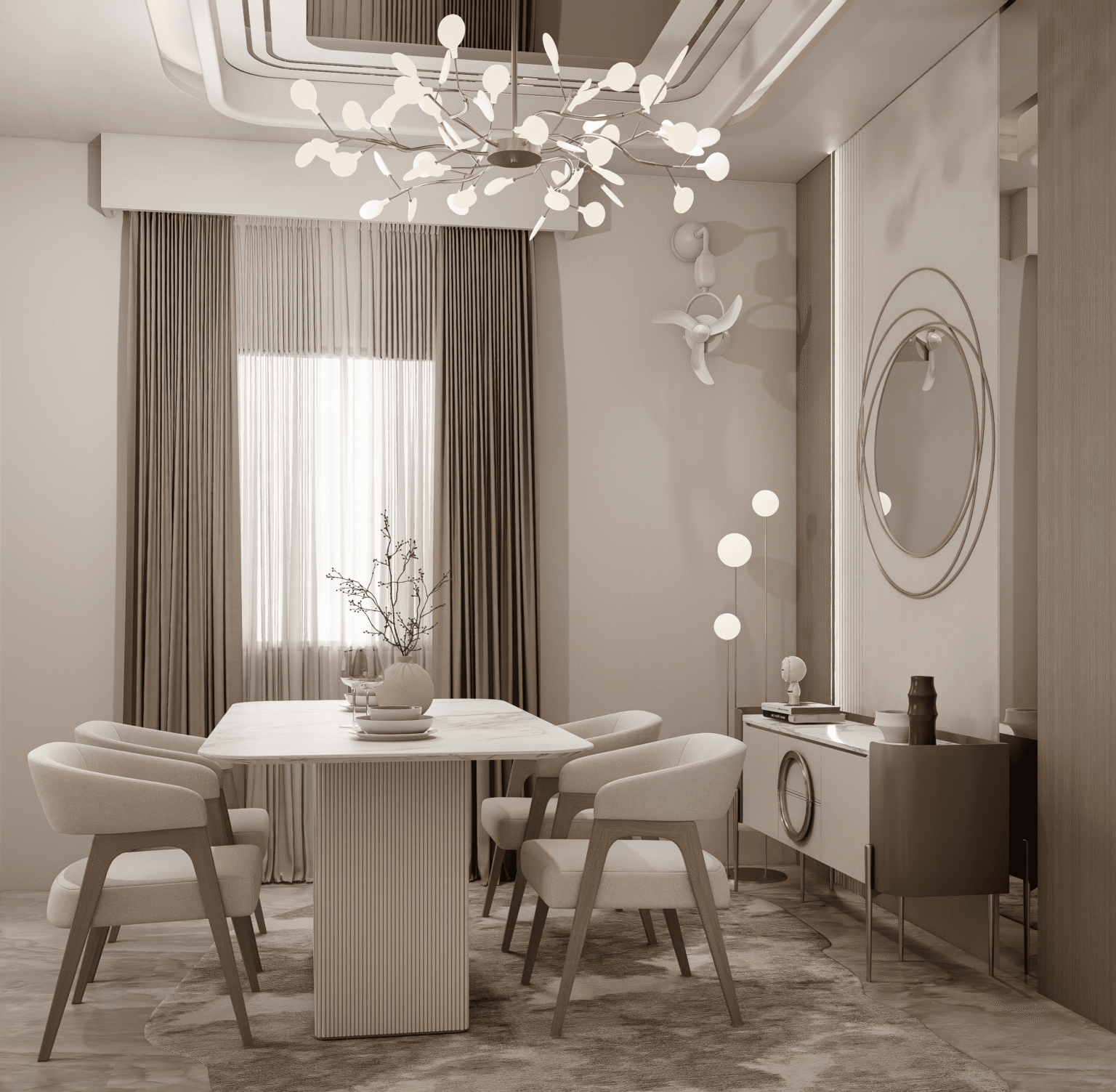 Portfolio 3D render of a dining area with a branch chandelier