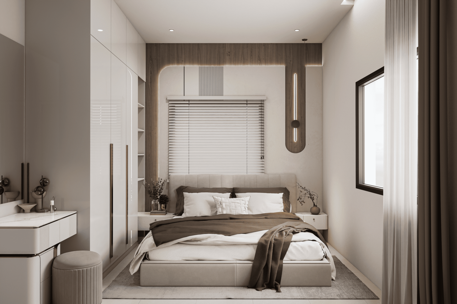 Portfolio 3D render of a bedroom with a panelled headboard wall