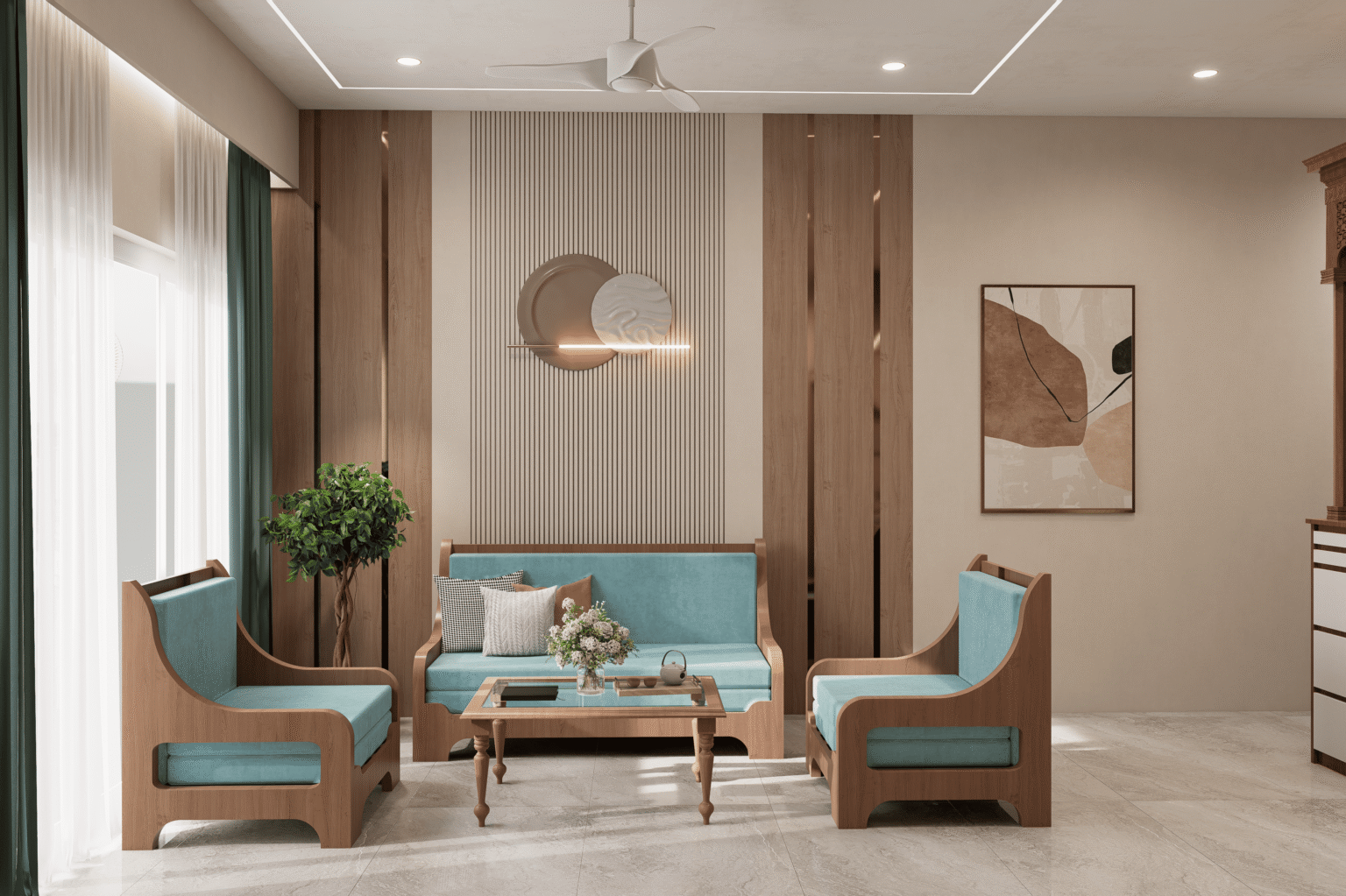 Portfolio 3D render of a living room with teal sofas
