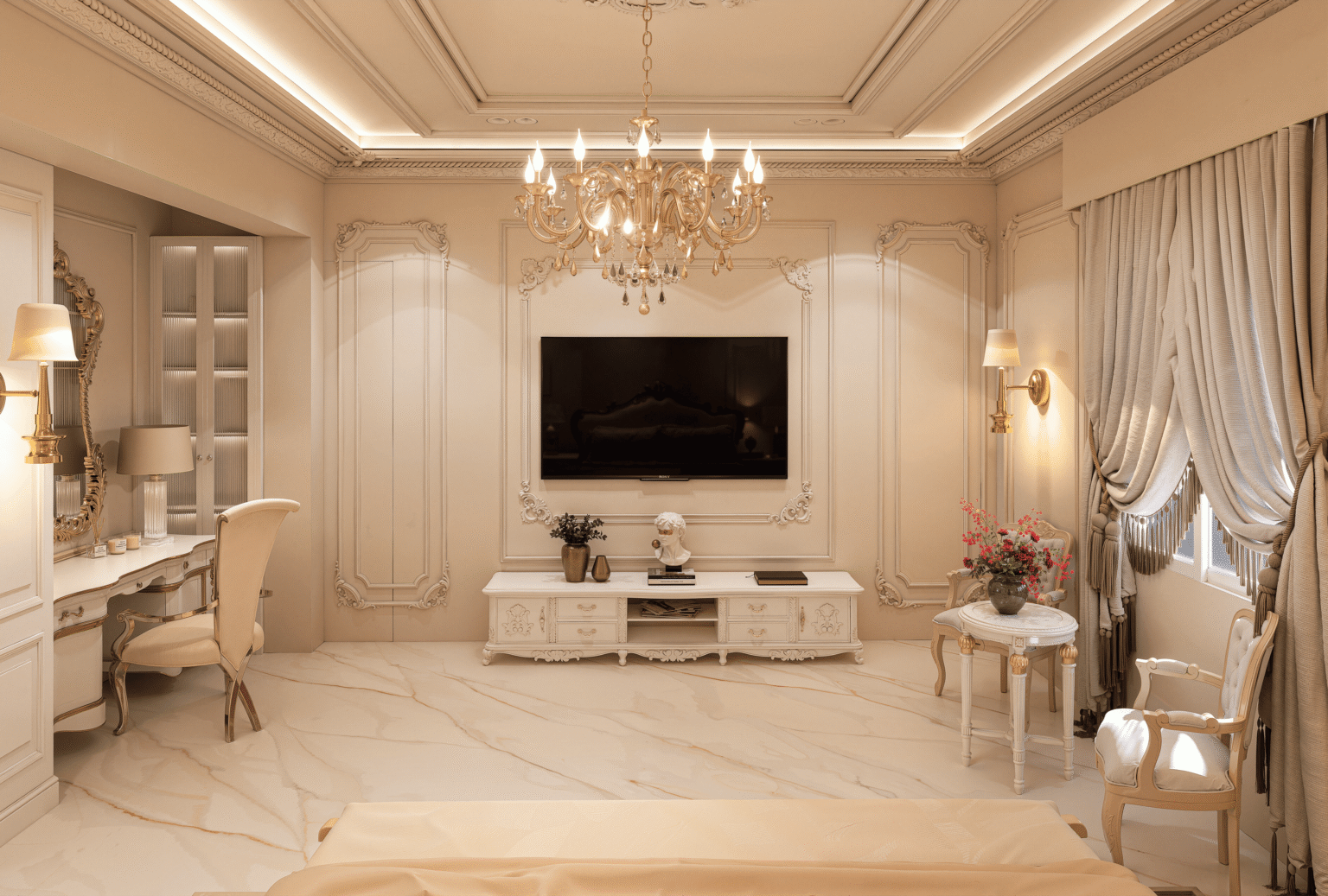 Portfolio 3D render of a classic bedroom TV wall and dressing area