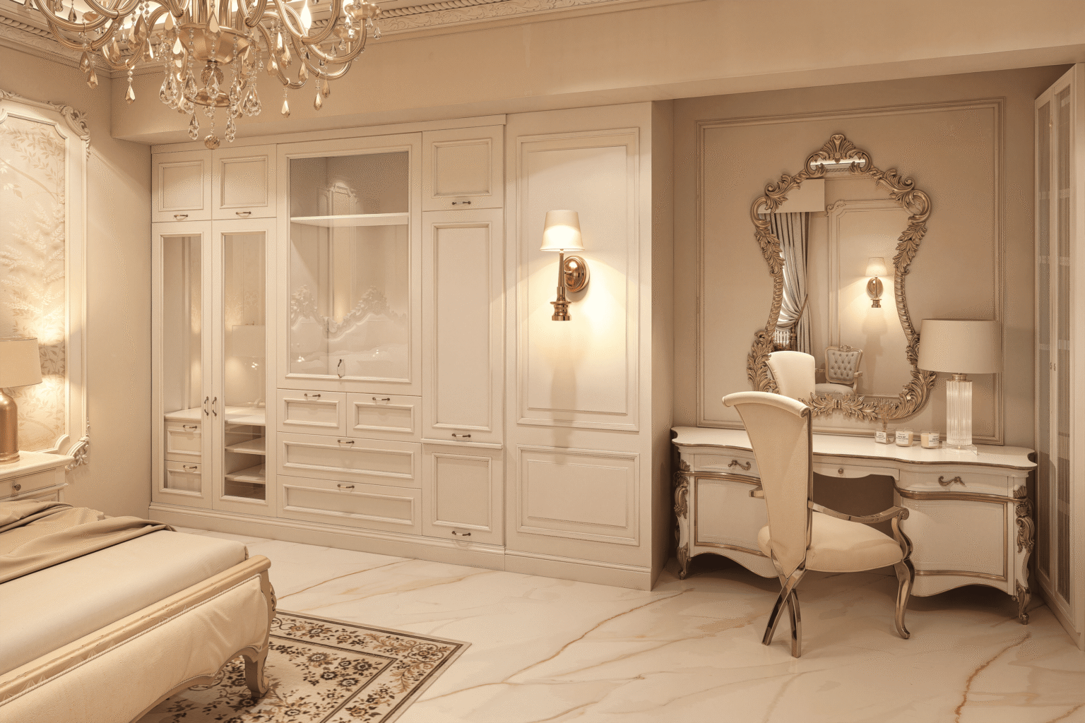 Portfolio 3D render of a classic bedroom with a wardrobe and dressing table