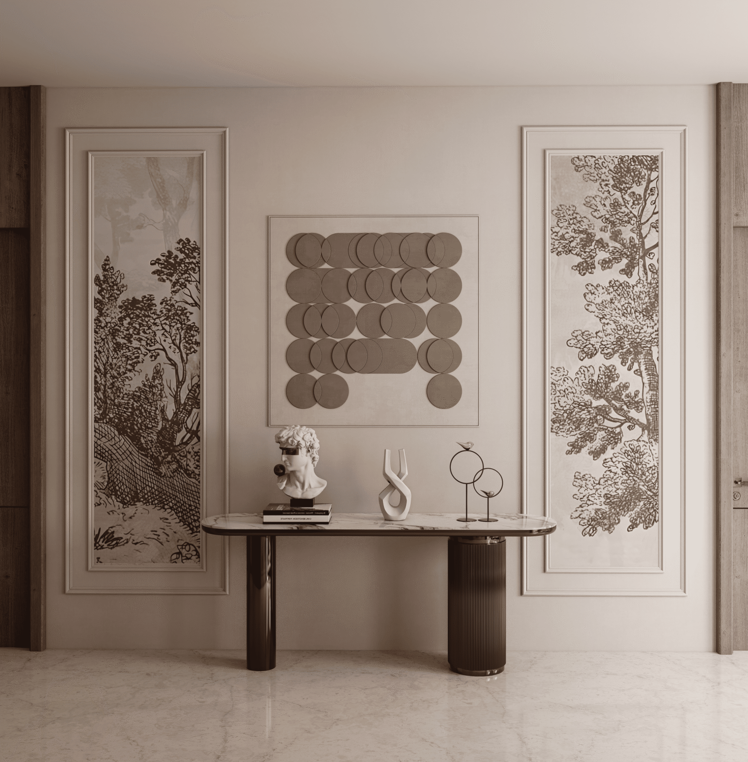 Portfolio 3D render of an entrance wall with artwork panels and a console