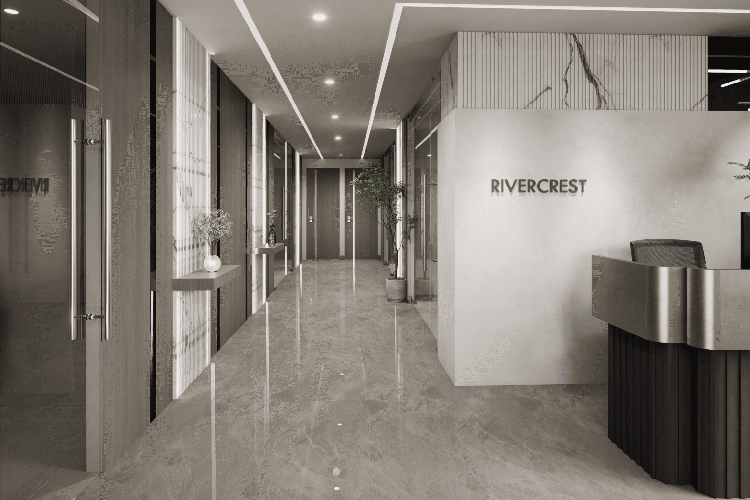 Portfolio 3D render of an office reception and corridor