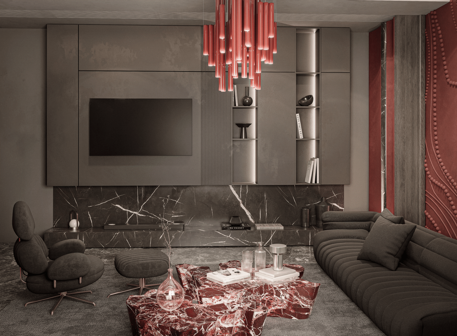 Portfolio 3D render of a living room with a dark marble wall and statement chandelier