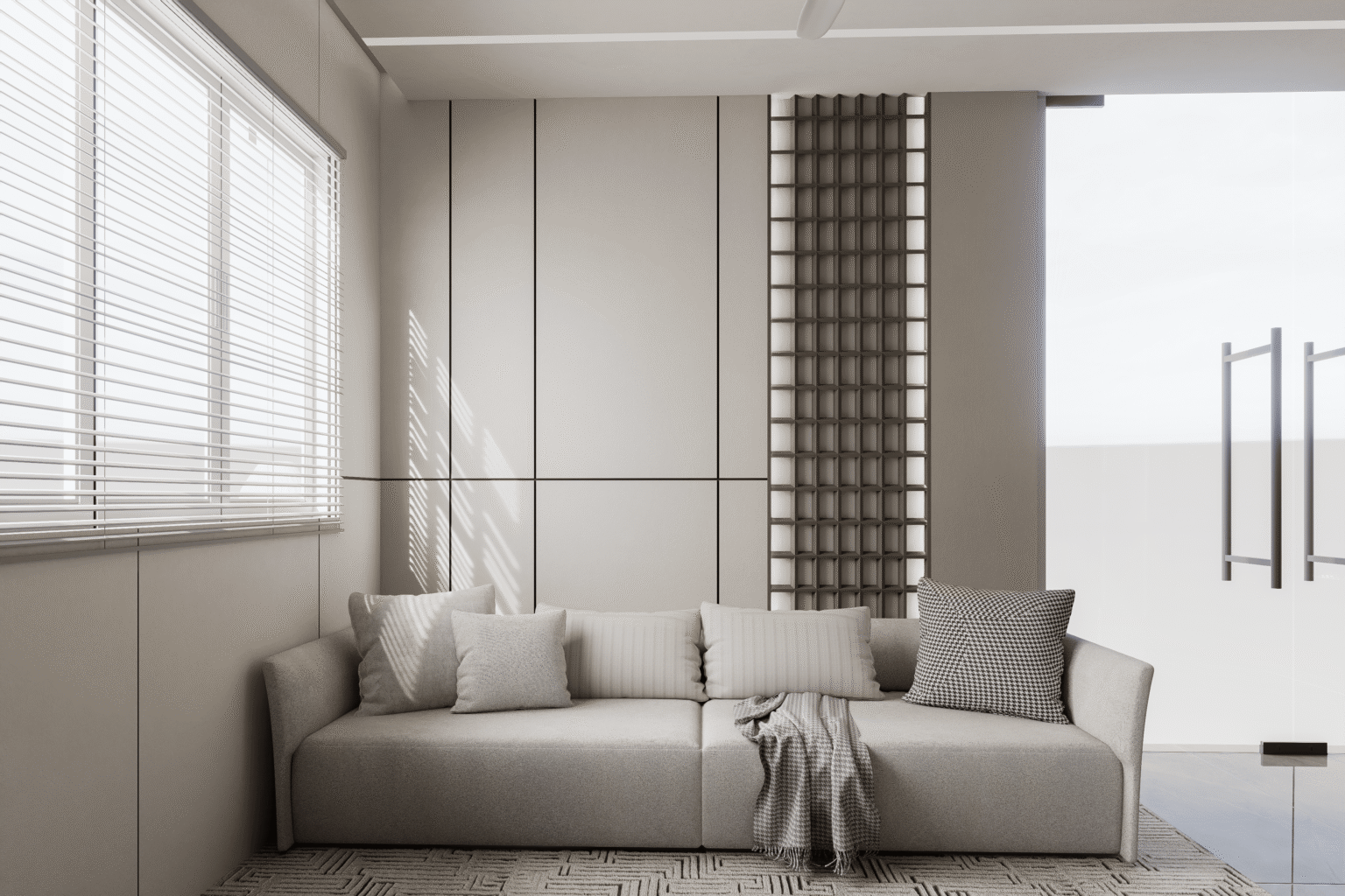 Portfolio 3D render of a living room with a grey sofa