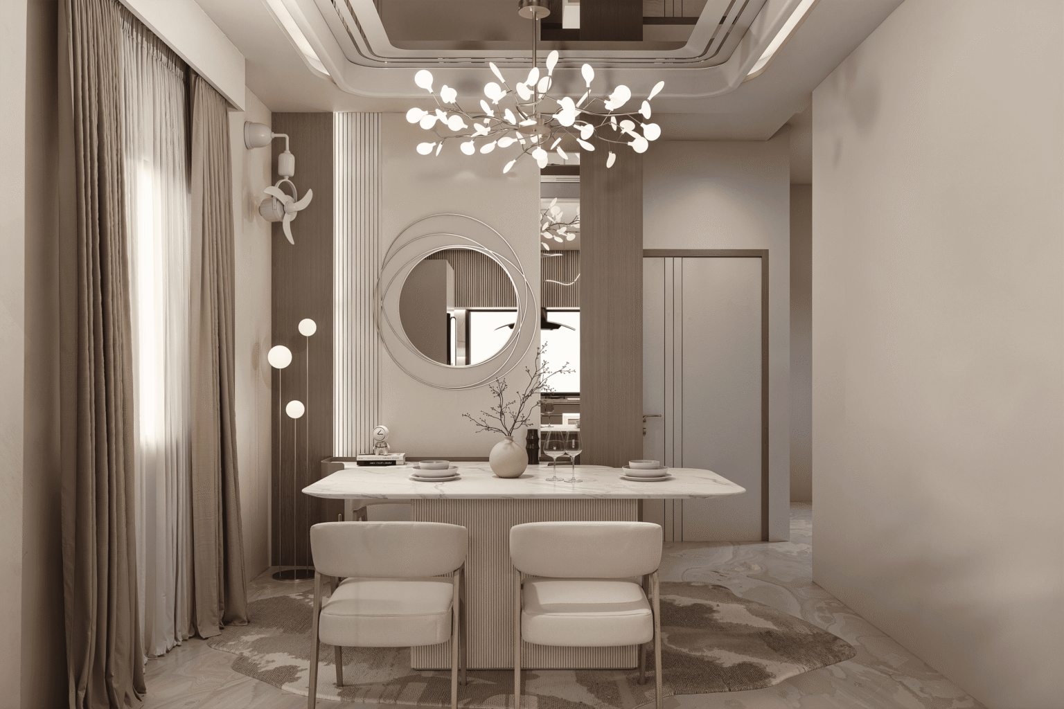 Portfolio 3D render of a dining area with a statement chandelier